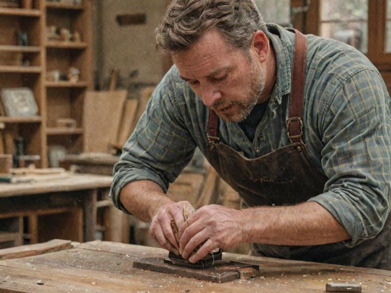 Expert craftsman carefully sanding antique wooden furniture